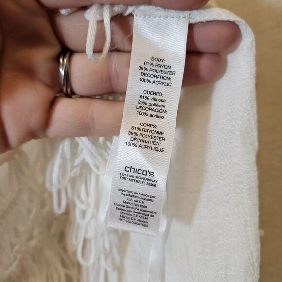 Chicos VNeck Macrame Sheer Top Blouse Women 3 XL White Fringe Boho Cottage NWT - Picture 8 of 10